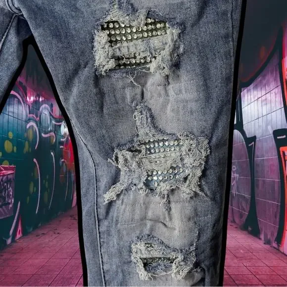 Blue Topic Rhinestone Studded Patch Distressed Denim Jeans Y2K Style - Size 9/10 - Picture 16 of 16